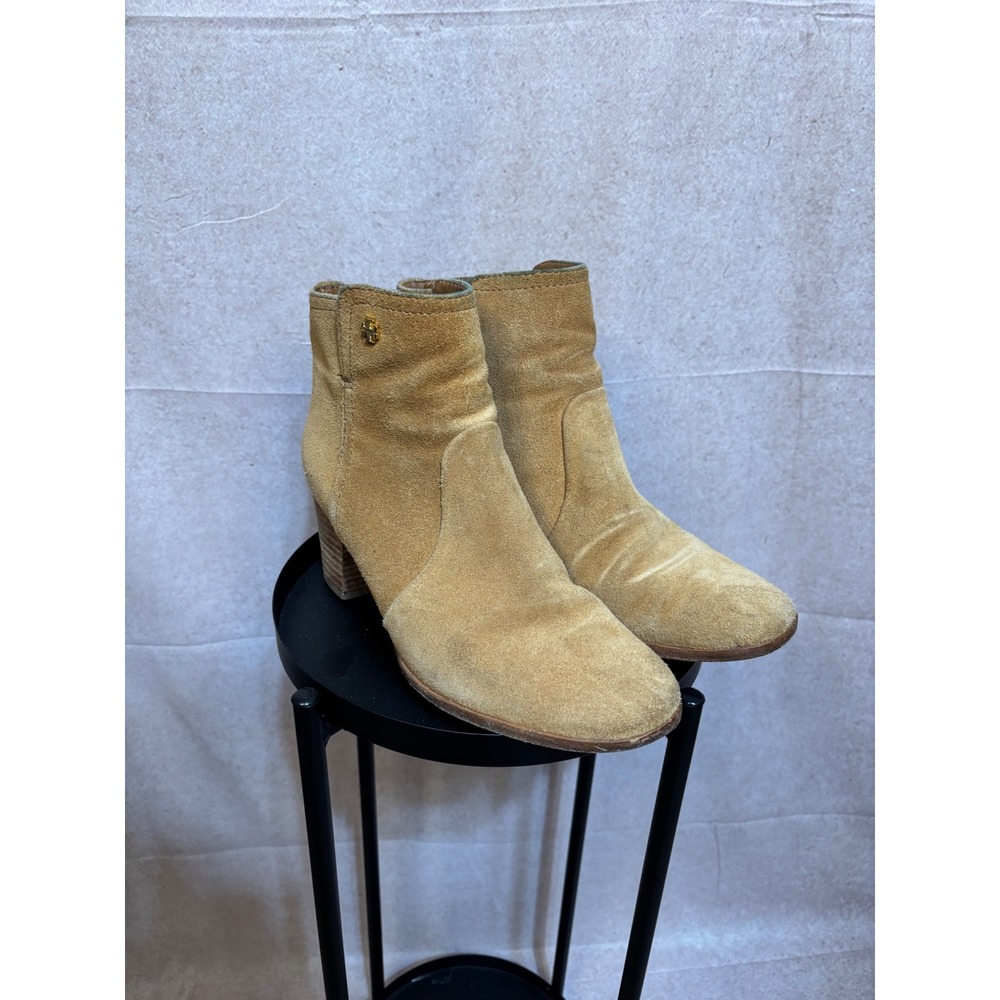 Tory Burch Tan Suede Ankle Boots Block Heel Gold Logo‎ 8.5M 22158347